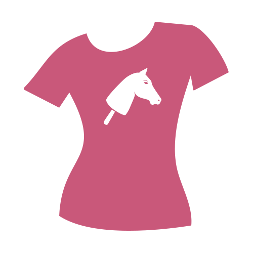 A pink fitted t-shirt with a white graphic design of a horse’s head on a stick, resembling a toy hobby horse, centered on the chest.
