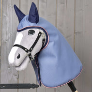 The Hobby Horse LarDen's Raincoat Bloom features a soft gray plush head, black bridle, blue raincoat with pointed ears, and is photographed against a light wood background.