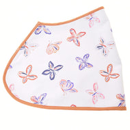 The Blanket Butterfly (softshell) by Hobby Horse LarDen features a white base with brown trim, adorned with orange, purple, and blue butterfly and flower designs—a charming blanket for your hobby horse.
