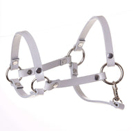 The Halter - light grey leatherette (size S) by Hobby Horse LarDen features metal rings and rivets for a bold look, perfect as a hobby horse accessory. Displayed on a plain white background.