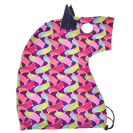 The Hobby Horse LarDen Protective Suit Bird (Lycra) features a unicorn-shaped, colorful fabric with bright bird patterns, navy blue horn and ears, drawstring bottom, and a top round hole—ideal for hobby horse protection.