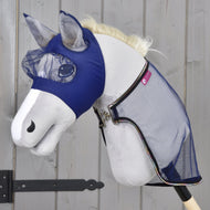 The Hobby Horse LarDen Set Fly Combo features a grey hobby horse toy with a blue mesh fly mask and matching grey-blue fly sheet, perfect for hobby horsing fans, shown against a wooden background.