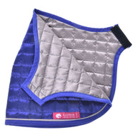 The Blanket DeLuxe Blue double-sided by Hobby Horse LarDen is a quilted blue and gray horse training wrap with velcro strap, featuring a pink inner tag with white text and horse logo for added style.