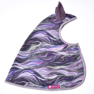 Raincoat Galaxy Space by Hobby Horse LarDen features a purple and gray marbled all-weather fabric with glittery trim and two pointed ear shapes, laid flat on white. A pink Laz Flan label is attached—perfect for Hobby Horse fans.