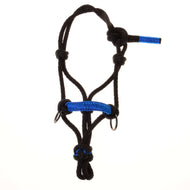 The Rope halter Azure by Hobby Horse LarDen is a black rope halter with blue accents and metal rings, crafted as a stylish accessory for hobby horses and displayed on a white background.