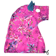 The Hobby Horse LarDen Pink Beauty (Lycra) is a vibrant pink floral protective suit for hobby horses, shaped like a horse’s head with blue ears, a round face opening, and a drawstring bottom.
