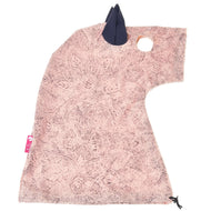 The Hobby Horse LarDen "Cosmos" Lycra protective suit is pink with patterns, features a navy ear, an ear opening, and a pink brand tag on the side, designed to fit over your hobby horse's head.