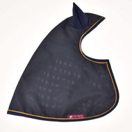 The stylish dark mesh horse ear bonnet from Hobby Horse LarDen features a navy border, gold trim, two fabric ears, and a pink label. It pairs perfectly with the Raincoat Crone or any other Hobby Horse LarDen accessories.