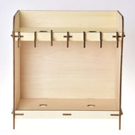 The Hobby Horse LarDen Stable for 2 Hobby Horses features unfinished plywood, a top shelf, five hooks, a large open storage space, and a bottom drawer—perfect for organizing and customizing your hobby horse collection.