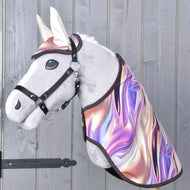 Set Valery by Hobby Horse LarDen features a plush hobby horse mounted on a wall, dressed in an iridescent cape, black bridle, and elegant ear bonnet against a light gray wooden panel background.