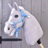 The Rope halter Sky by Hobby Horse LarDen is a plush gray hobby horse with a white blaze, blue rope halter, and black stick handle—perfectly charming against any backdrop.
