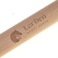 A close-up of the Lower stick Standard by Hobby Horse LarDen, featuring a metal connector and engraved with a horse head logo and "Hobby Horse LarDen.