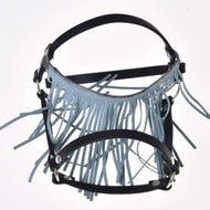 Black leatherette halter with a pale turquoise suede-look fringe and a pastel rainbow band, shown on its own