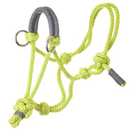 The Rope set Lime (size M) by Hobby Horse LarDen is a neon yellow rope halter with gray accents and metal rings, featuring multiple knots for fit—ideal to pair with lime halter reins or add to your handmade riding gear collection.
