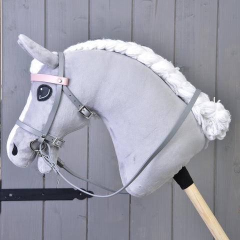 Complete grey leatherette bridle with pink headband ( size M)