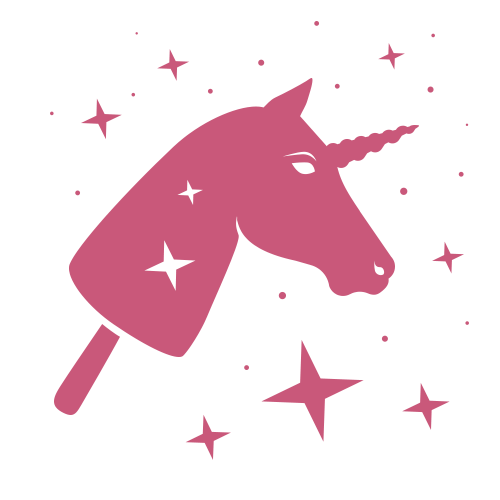 Pink illustration of a unicorn head combined with a popsicle, surrounded by various sparkling stars on a light background.