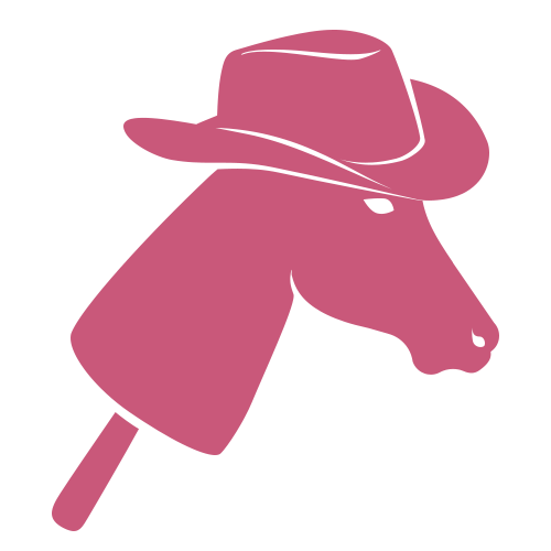 A simple illustration of a stick horse toy with a cowboy hat, drawn in solid pink on a light background.