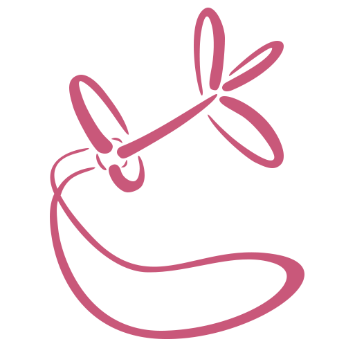 Simple pink line drawing of a smiling face formed by a curved line and an abstract propeller shape above it, resembling a playful hat on a white background.