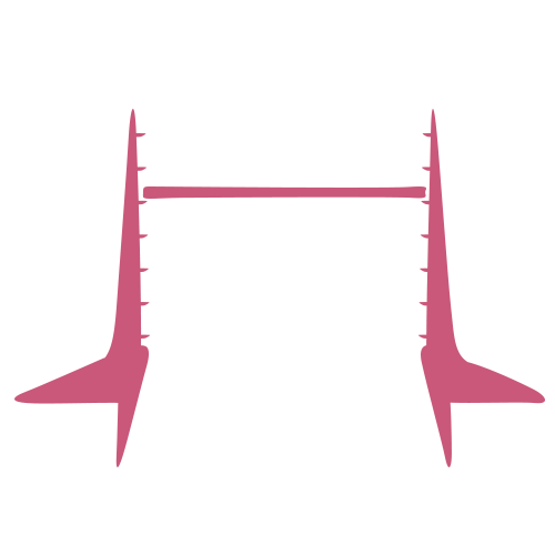 Stylized pink graphic resembling two airplane tails connected by a horizontal bar, set against a light gray background.