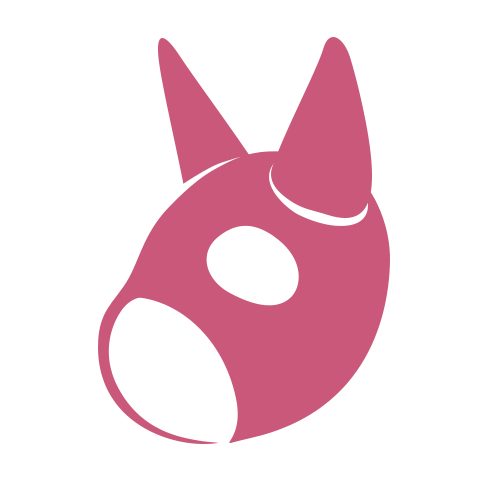 A simple pink graphic illustration of a dog’s head, depicted with pointed ears and an eye hole, resembling a stylized mask on a plain white background.
