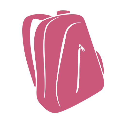 Illustration of a pink backpack with a visible zipper pocket and shoulder straps, set against a light gray background.