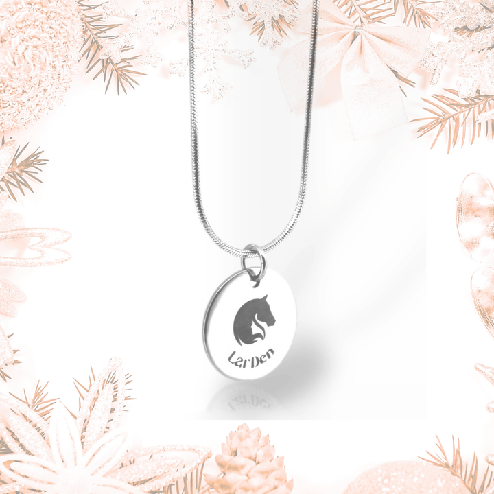 Necklace with LarDen pendant made of surgical stainless steel: a round disc with a horse head logo on a snake chain