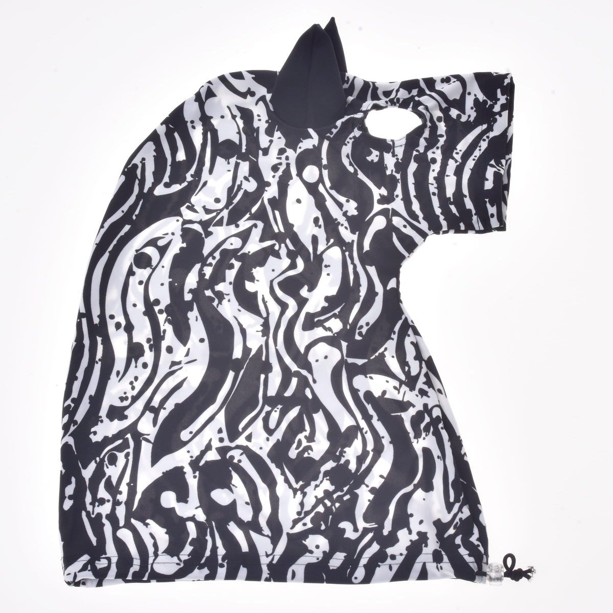 The Hobby Horse LarDen Hobby Horse protective suit Black & White is a black and white patterned garment designed to resemble a horse’s head, complete with an ear, eye hole, and abstract zebra-like stripes—ideal for protecting your hobby horse.