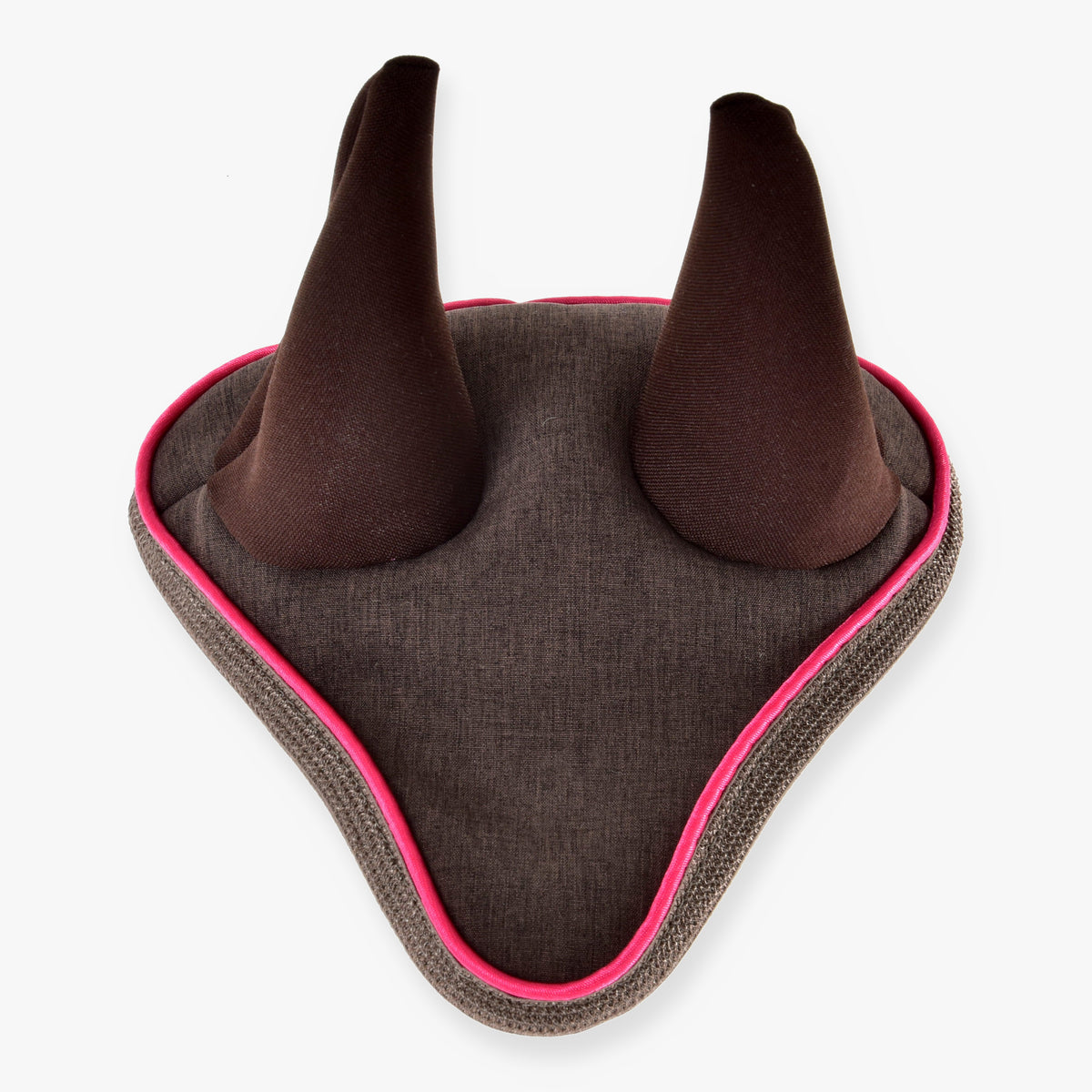 Hobby Horse Ear Bonnet Rosewood by LarDen in brown PES fabric with bright pink edging