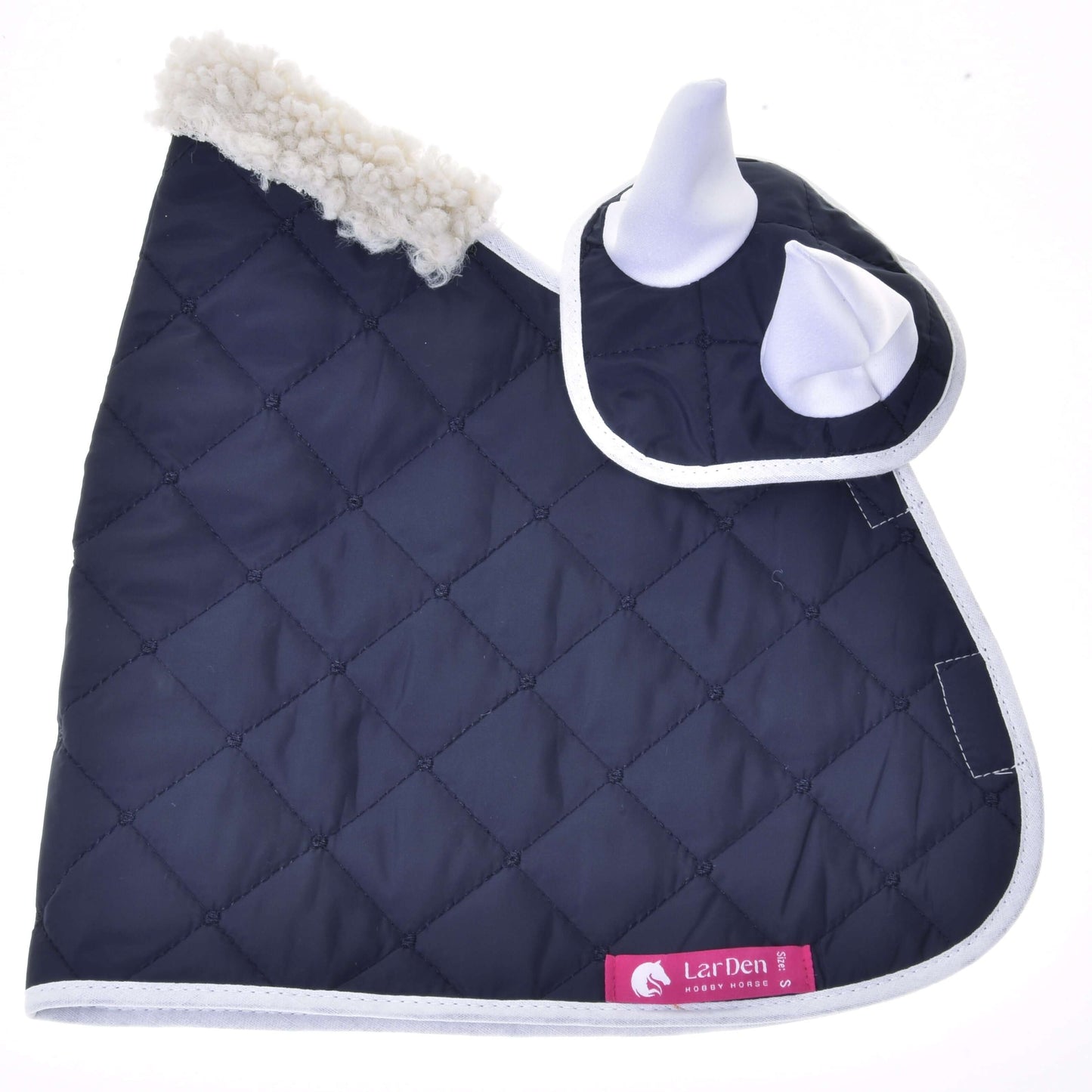 The Hobby Horse LarDen Set Thermo Blue features a quilted navy ear bonnet with white trim, fleece-lined top, and two fabric ears—ideal for stylish horse decoration or as part of an elegant ear bonnet set.
