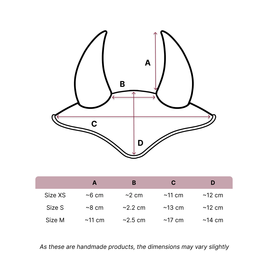 Line drawing of a bat wing headband, perfect for Hobby Horsing or dressing up your Hobby Horse, with labeled measurements (A, B, C, D). A table lists XS, S, and M sizes in centimeters. Text notes slight variation in size.