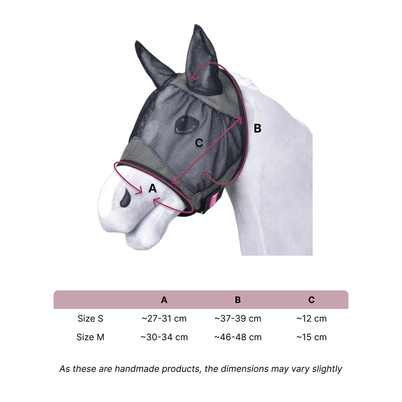 A mesh horse mask for a Hobby Horse is shown on a white model, labeled with measurements: A (around the nose), B (around the head), and C (ear to jaw). A table lists S and M sizes with corresponding dimensions in centimeters—perfect for Hobby Horsing.