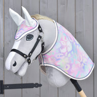 Pastel patterned blanket and ear bonnet set worn by a grey Hobby Horse