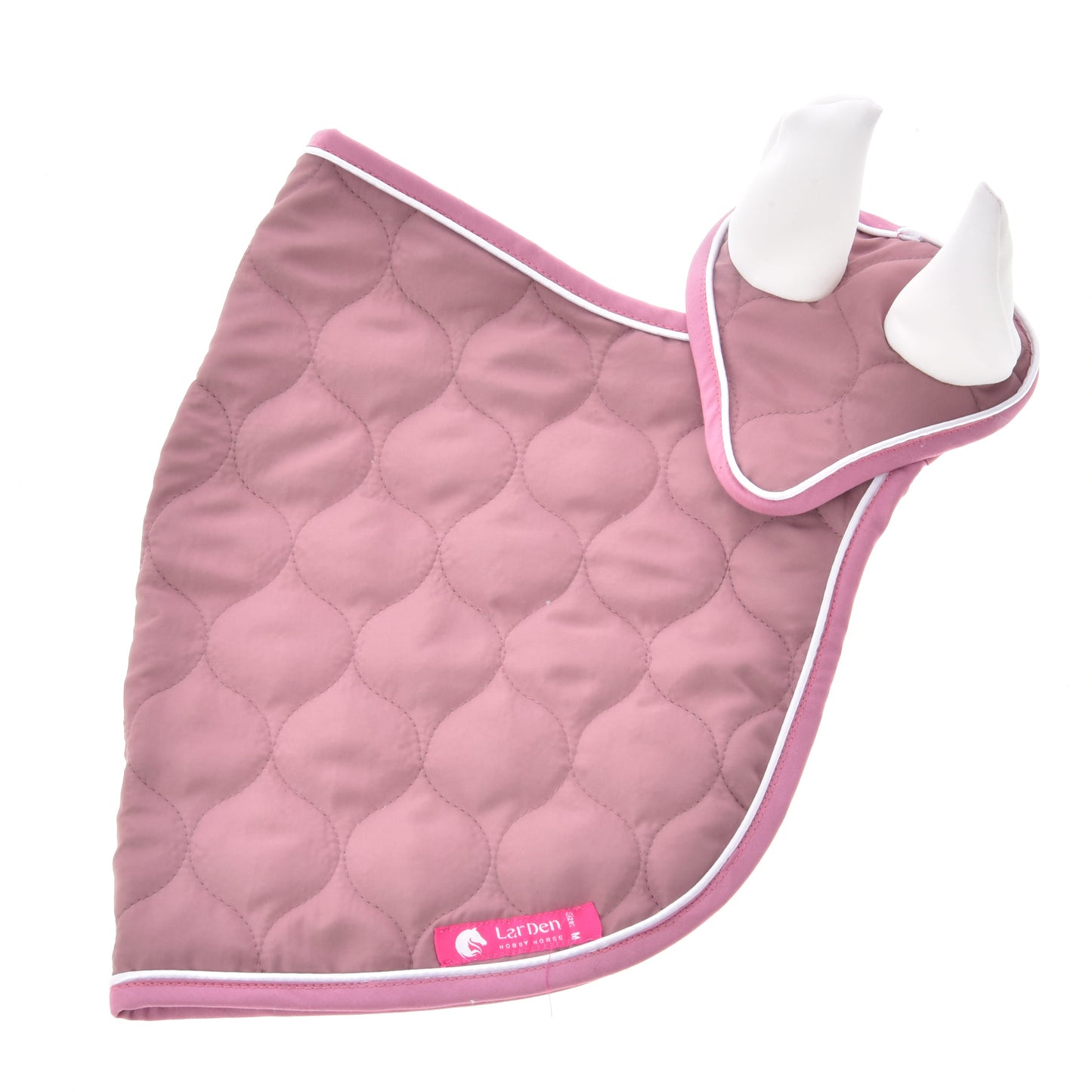 The Hobby Horse LarDen Set Dusty Rose is a mauve quilted ear bonnet with white trim, featuring two upright ear covers for horse protection, shown flat on a white background.