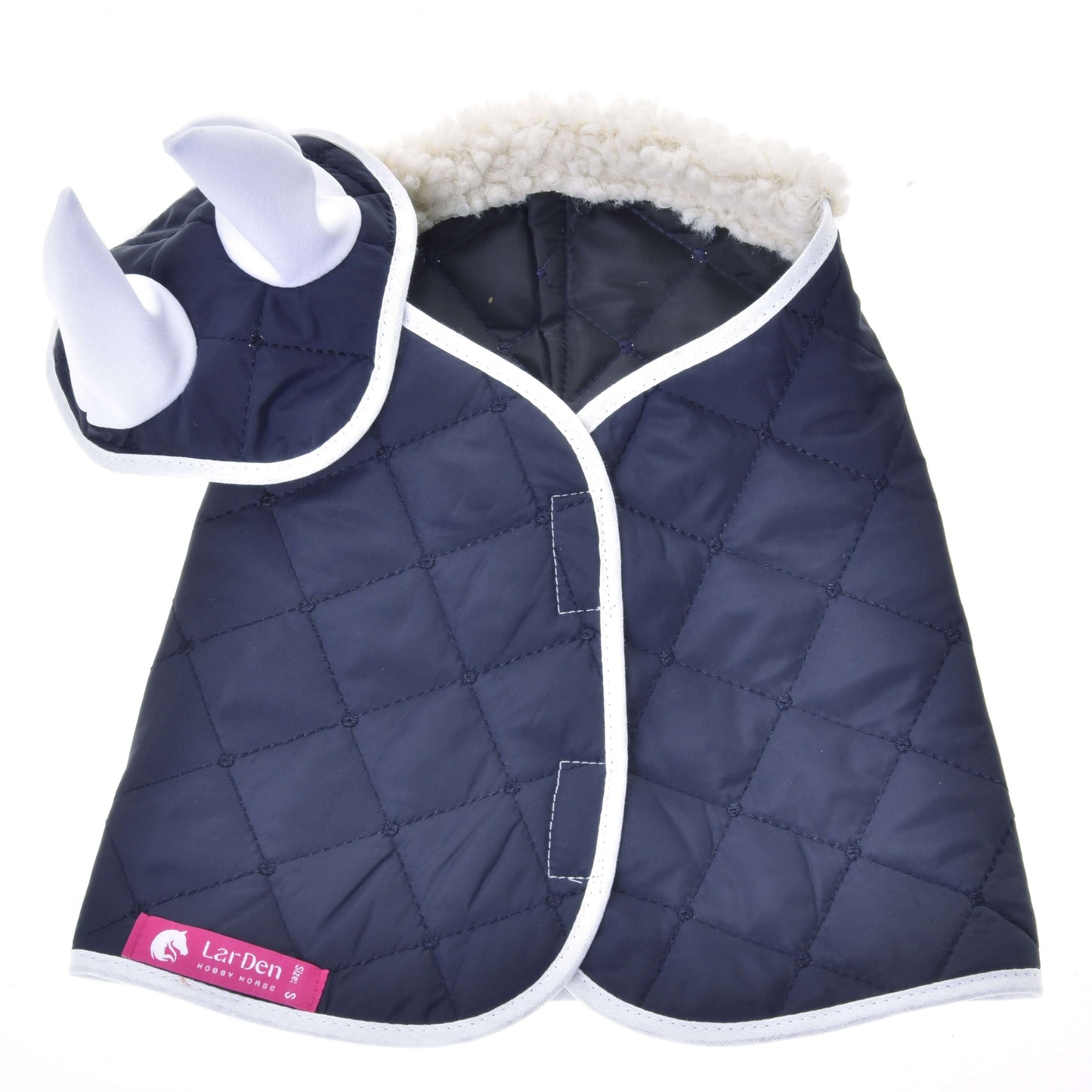 The Set Thermo Blue by Hobby Horse LarDen is a navy blue quilted pet coat with white trim, a hood with two stuffed white horns for a rhinoceros look, and soft fuzzy lining, inspired by classic Hobby Horse blanket designs.