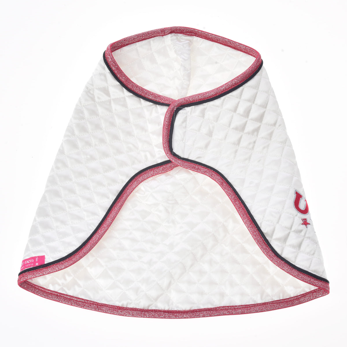 White quilted Hobby Horse blanket laid open from above, showing the neck opening, pink glitter binding and LarDen label