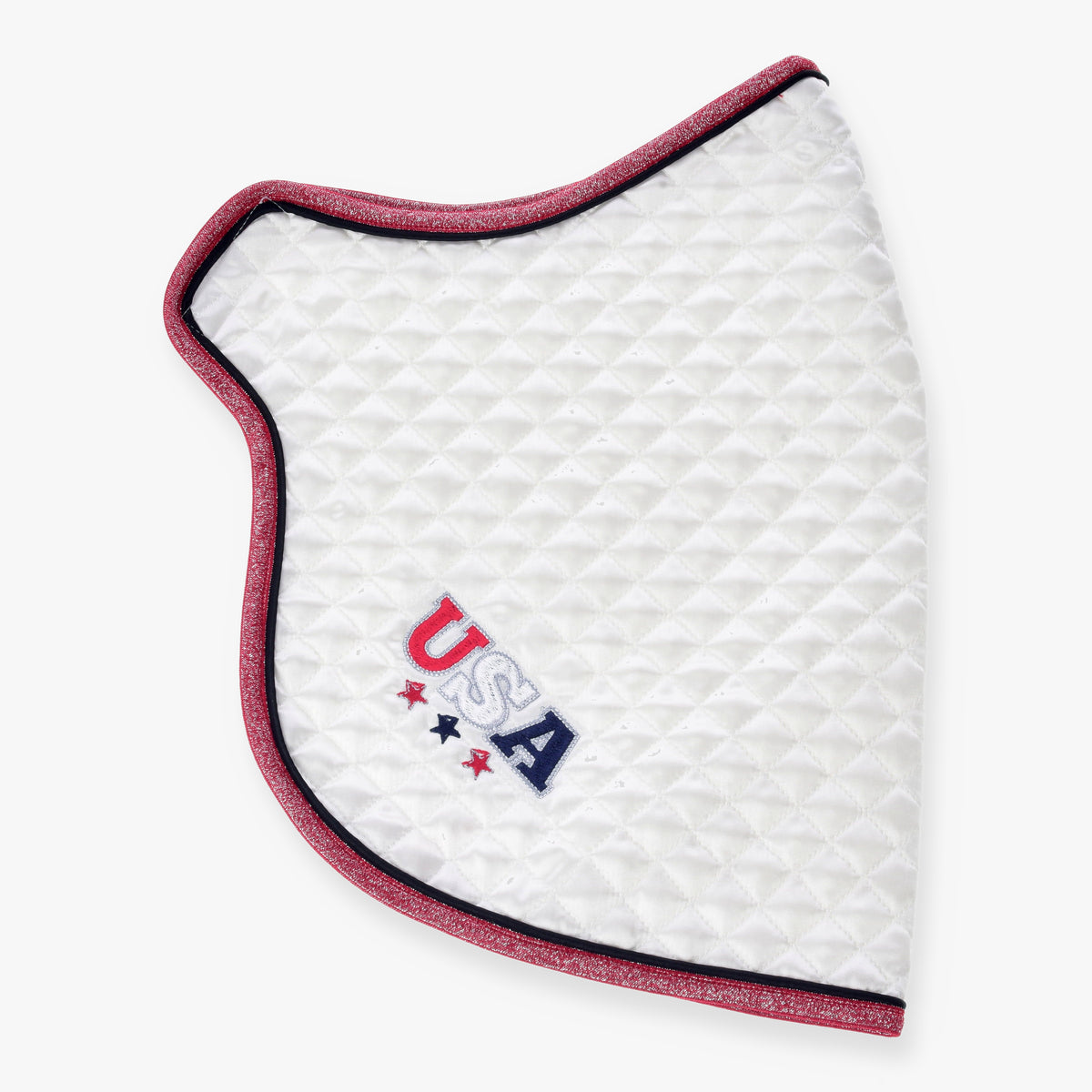 LarDen Hobby Horse Blanket USA White No. 5, quilted white blanket with glittery pink trim and embroidered USA logo