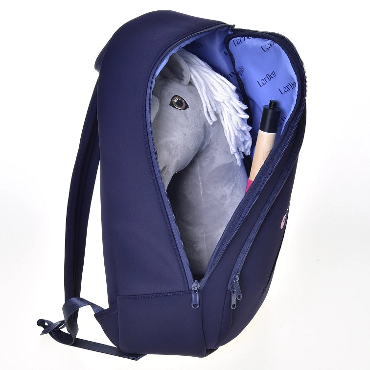 A navy blue backpack is unzipped, revealing a gray Hobby Horse toy with a white mane and a wooden stick inside. The backpack’s interior lining is light blue with repeated Laviu text—the perfect companion for Hobby Horsing adventures.