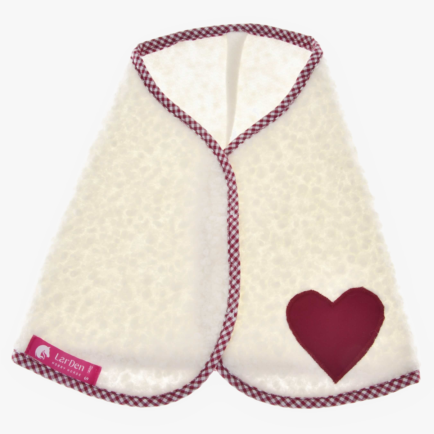 The Hobby Horse LarDen Blanket cube red is a white, textured cape with red checkered trim, a maroon heart patch, and a pink LarDen tag—perfect as a charming hobby horse blanket.