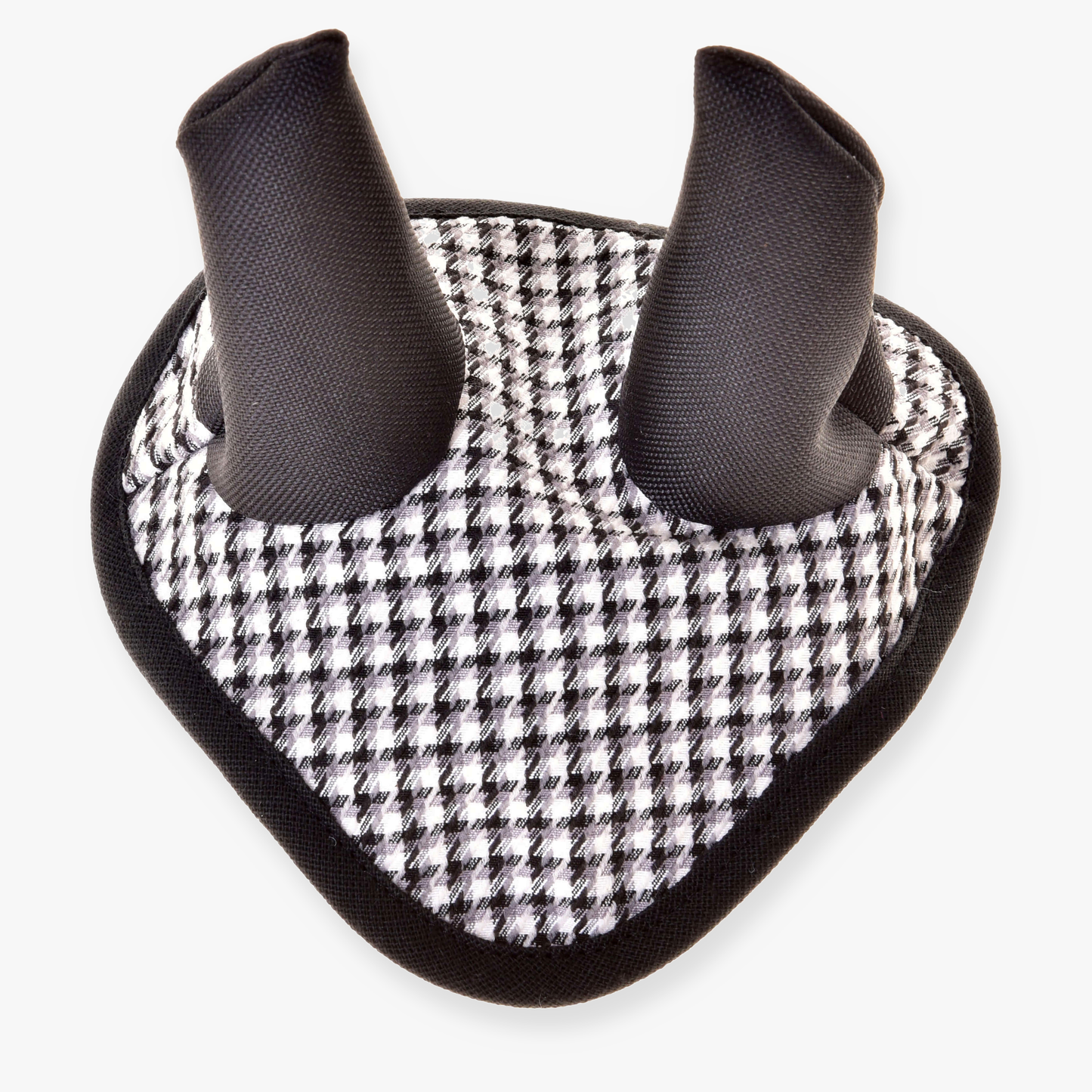 The Hobby Horse LarDen Ear Bonnet English Black Plaid features a black and white plaid pattern with two upright extensions and a rounded triangular base, providing stylish insect protection for your horse.