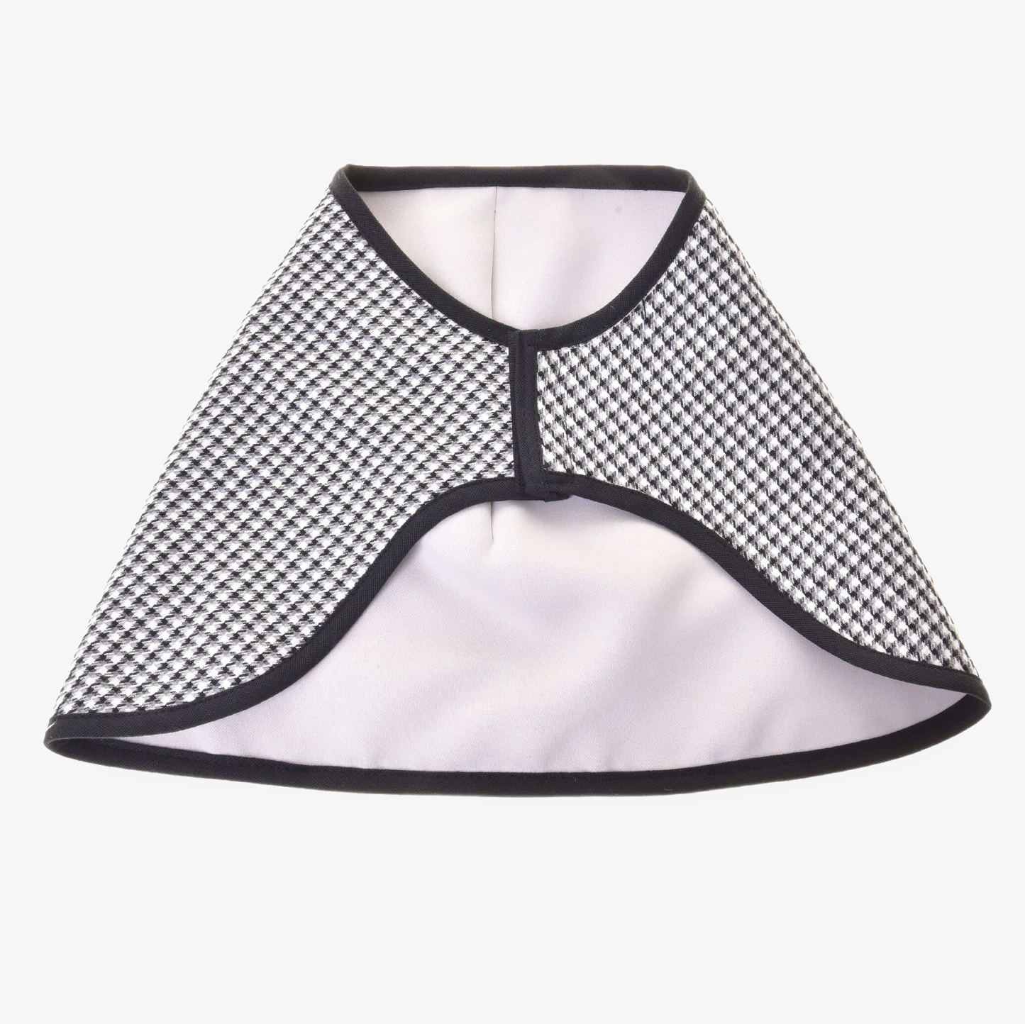 The Hobby Horse LarDen Blanket English Black Plaid Double-Sided cape features a black and white plaid pattern with black trim, open front, and white lining, laid flat on a white background and reminiscent of a Hobby Horse blanket.