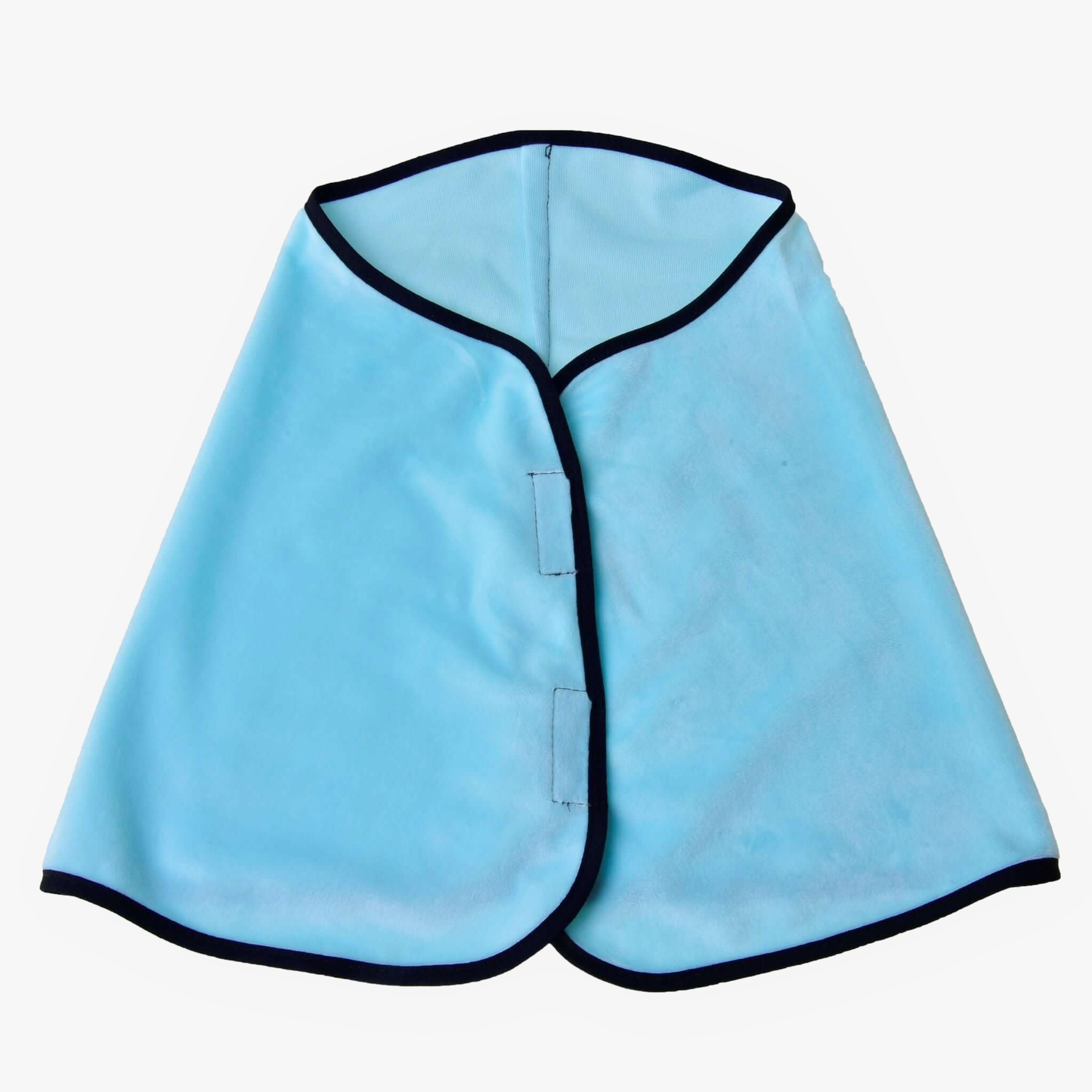 The Hobby Horse LarDen Blanket Ice Blue features black trim and two front Velcro fasteners, shown flat on a white background—perfect for horse training or play.