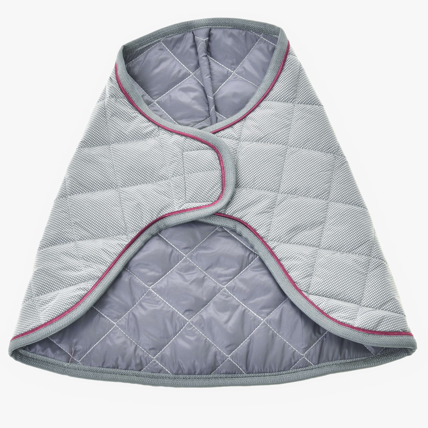 The Blanket Silver Eleganza by Hobby Horse LarDen is a quilted gray pet vest with pink piping, a wrap-around design, and soft padding, displayed flat on a white background.