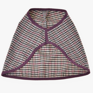 The Hobby Horse LarDen Blanket Western Colorado is a sleeveless pet jacket with purple trim, featuring a plaid pattern of small black, red, and beige checks on white, inspired by classic Hobby Horse blanket designs.