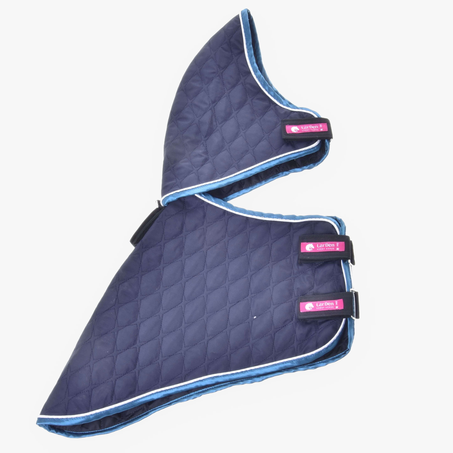 The Hobby Horse LarDen Blanket with removable neck cover Mandarin is a high-quality navy blue quilted blanket with light blue trim, two pink Cat King labels on black straps, adjustable fastenings, and a removable neck cover for versatility.