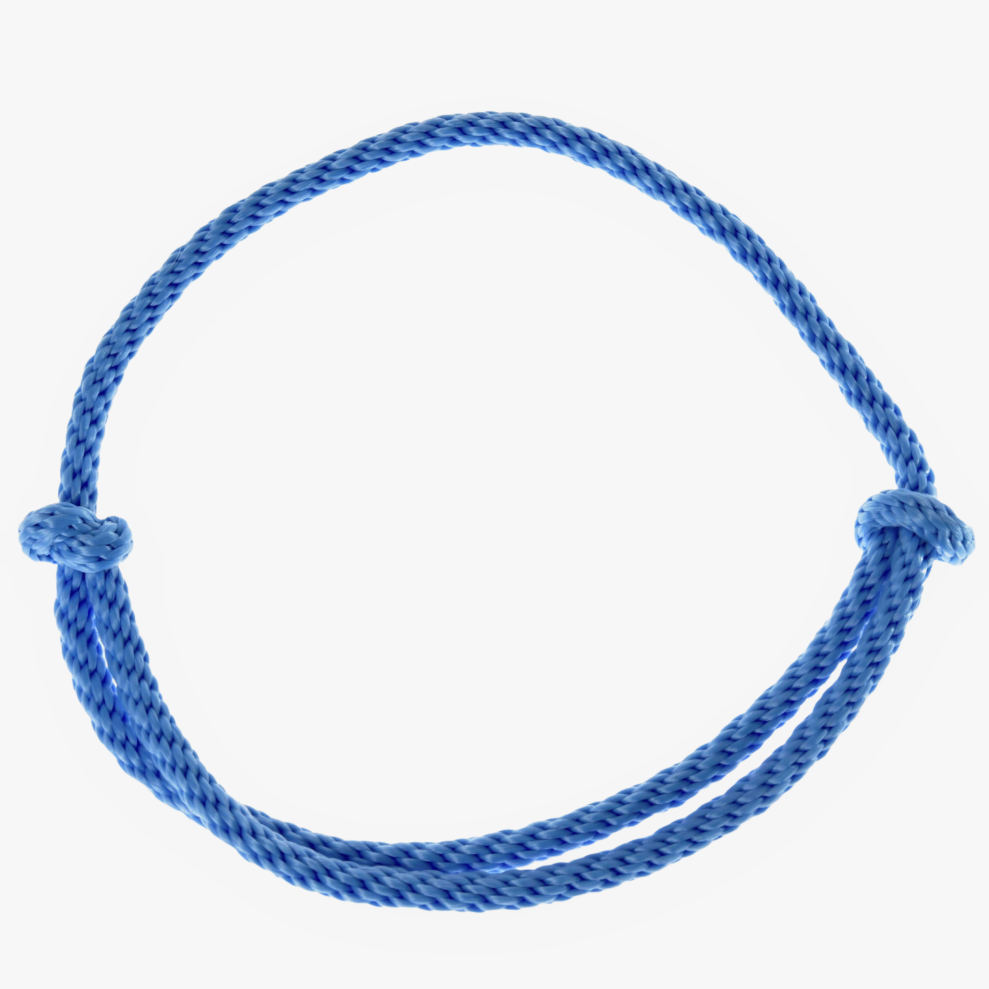 The Cordeo Sky by Hobby Horse LarDen is a blue braided rope handmade cordeo in a simple closed loop with two knots on opposite sides, shown on a white background. Ideal for hobby horse riding or bitless riding.