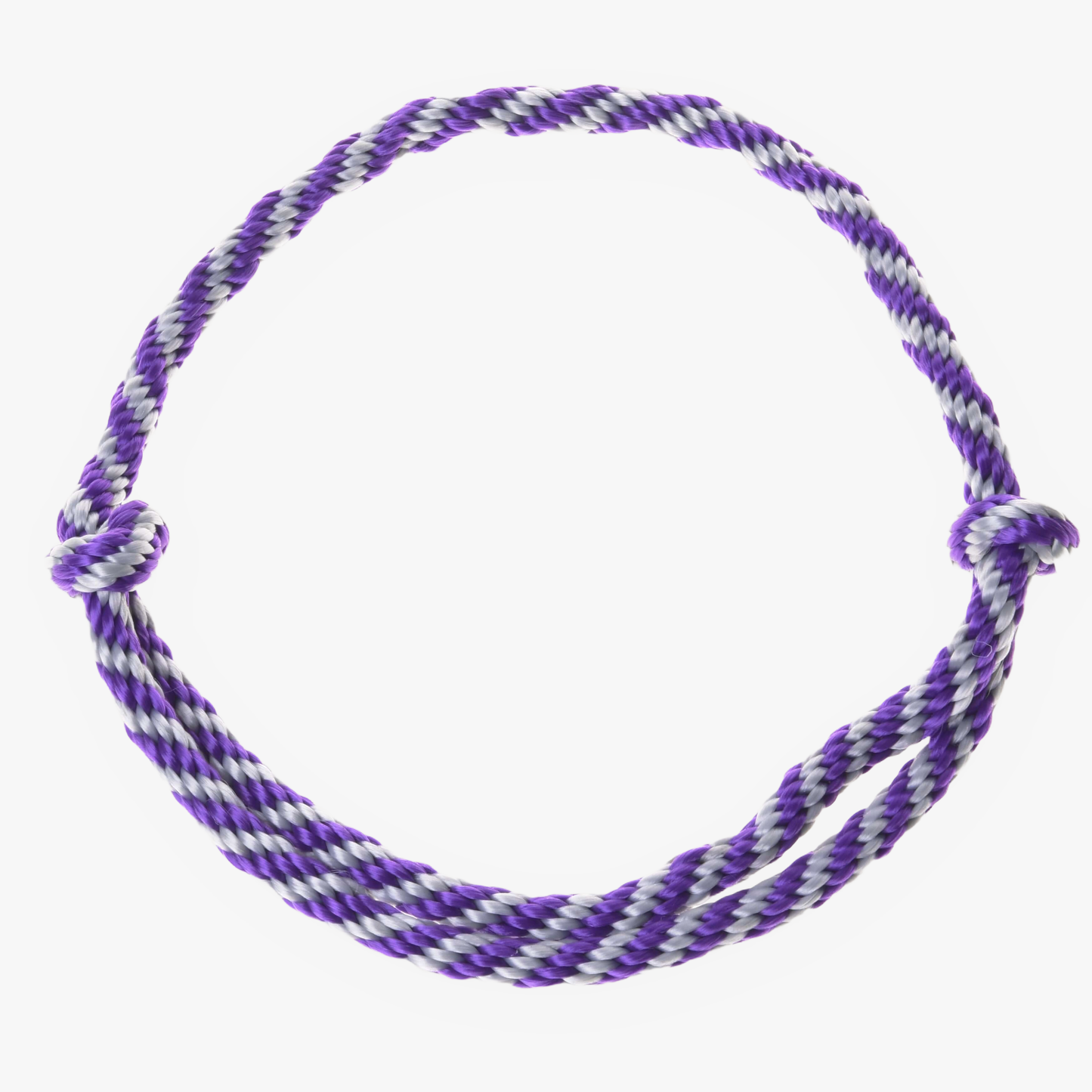 The Cordeo lila stripe by Hobby Horse LarDen features intertwined purple and white polypropylene rope with knots on each side—ideal as a handmade cordeo for your hobby horse, shown against a white background.