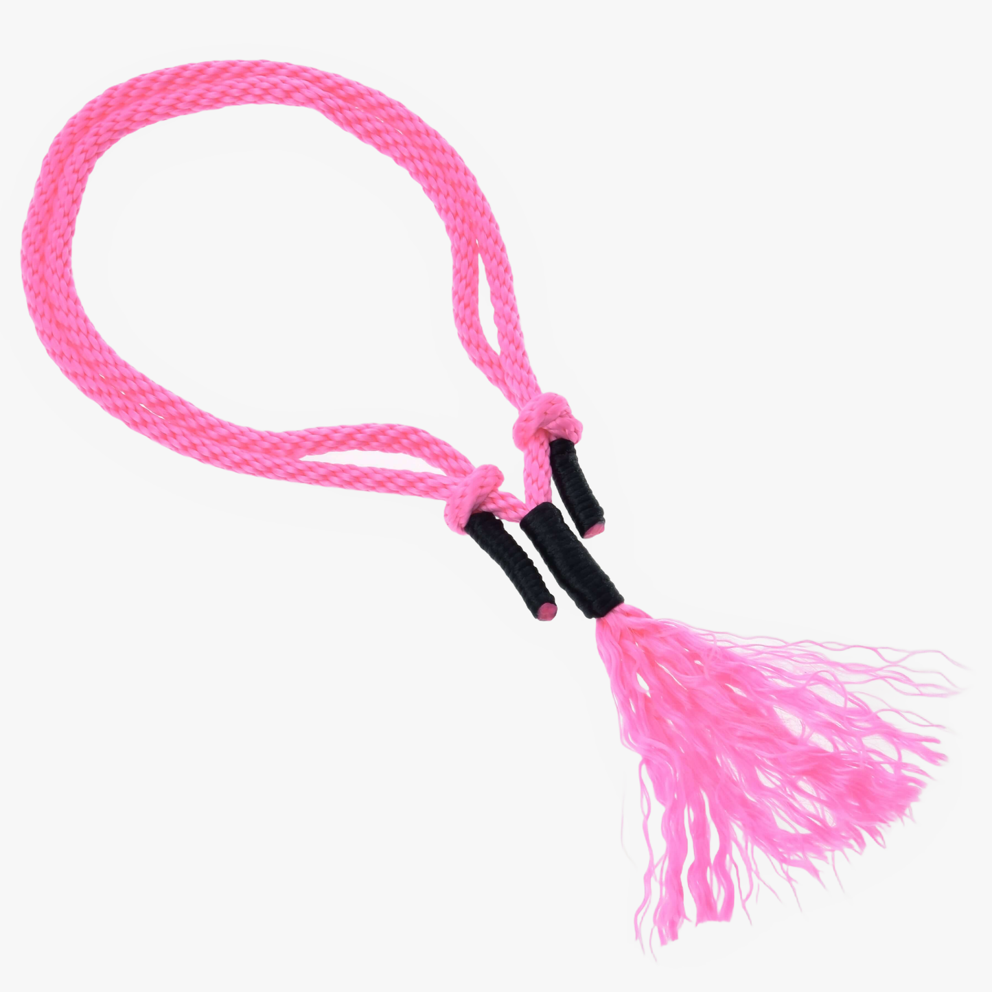 The Cordeo Pink Festive by Hobby Horse LarDen is a bright pink handmade braided rope with knotted loops, black-wrapped ends, and frayed tassels—ideal for bridleless riding or as a hobby horse cordeo accessory.