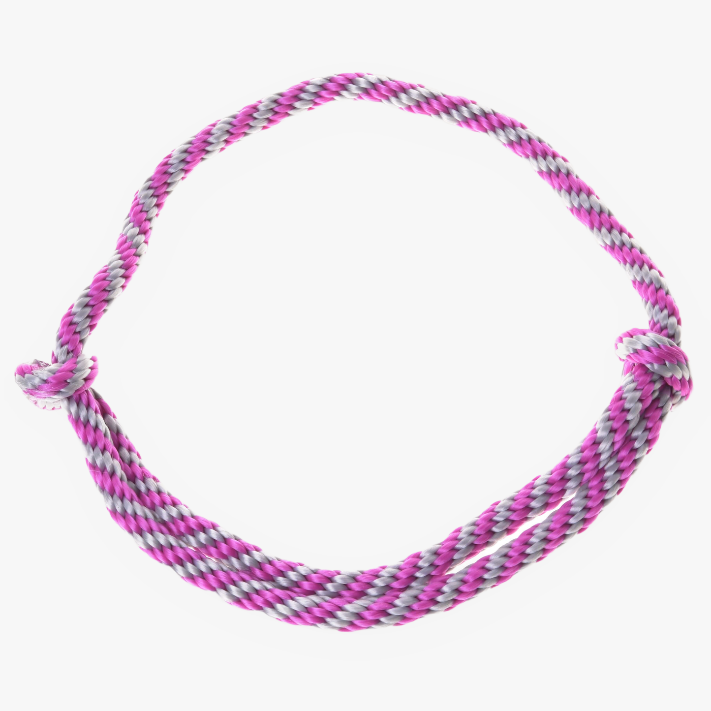 The Cordeo pink stripe by Hobby Horse LarDen features handmade pink, white, and purple twisted strands in a circular loop with knotted ends, ideal for bridleless riding. Shown elegantly on a white background.