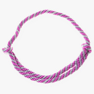 The Cordeo pink stripe by Hobby Horse LarDen features handmade pink, white, and purple twisted strands in a circular loop with knotted ends, ideal for bridleless riding. Shown elegantly on a white background.