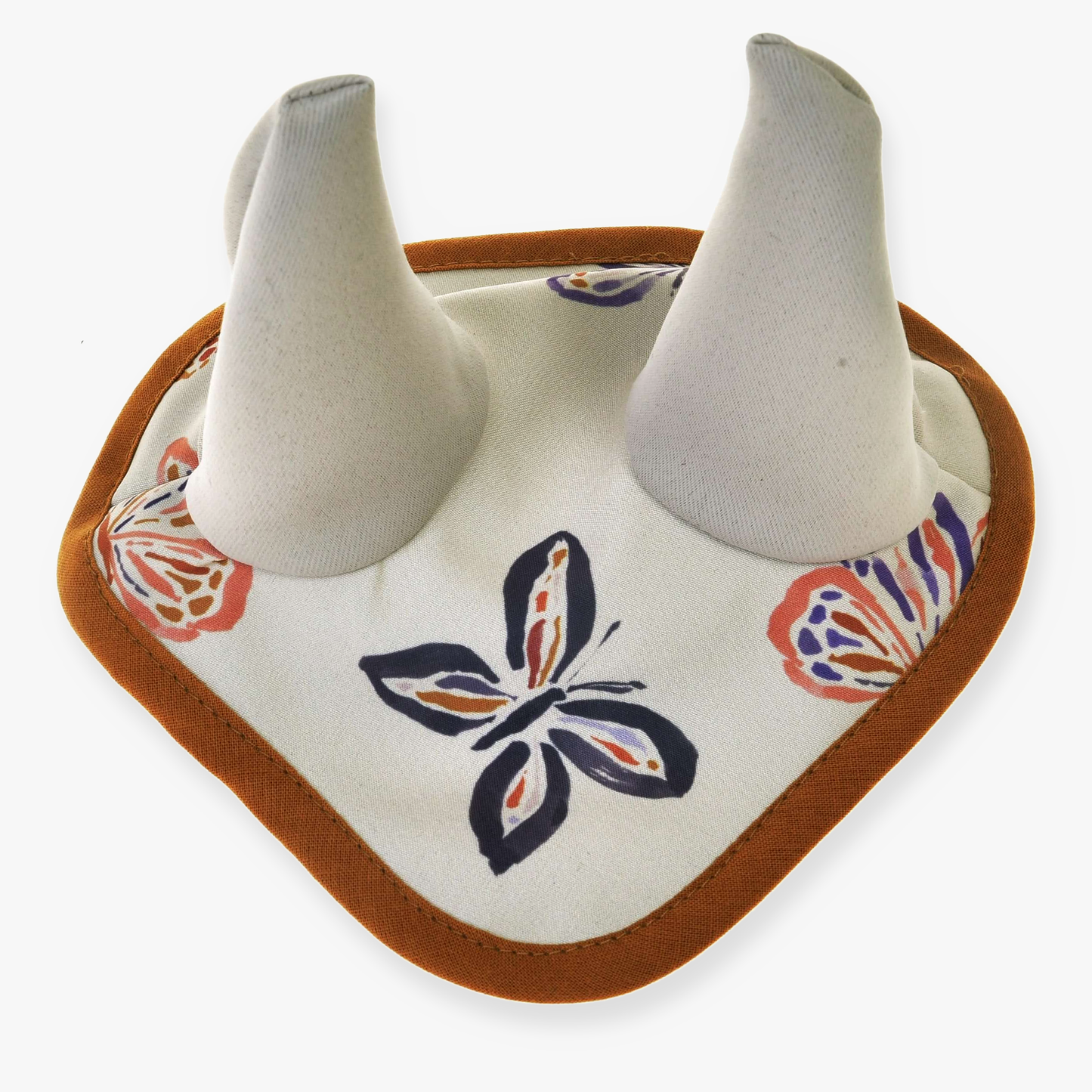 The Ear Bonnet Butterfly (softshell) by Hobby Horse LarDen is a fabric baby bib featuring soft white horns and a colorful butterfly pattern, inspired by insect-protection ear bonnets and finished with a brown border.